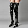 Overknee-Stiefel JIALUOWEI 12CM High Heel Fetisch Schnürung Reißverschluss Schritt Flex Matt PU Oberschenkelhohe Stiefel