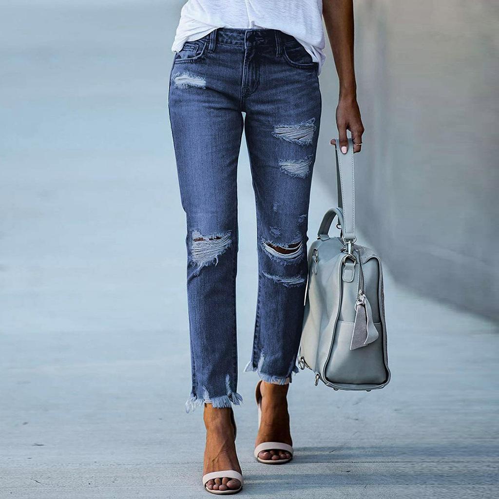 Trendy Women's Vintage Black Distressed Jeans, Frayed Rips & Raw Hem Casual Pants, Streetwear Jeans for Daily & Casual Outings