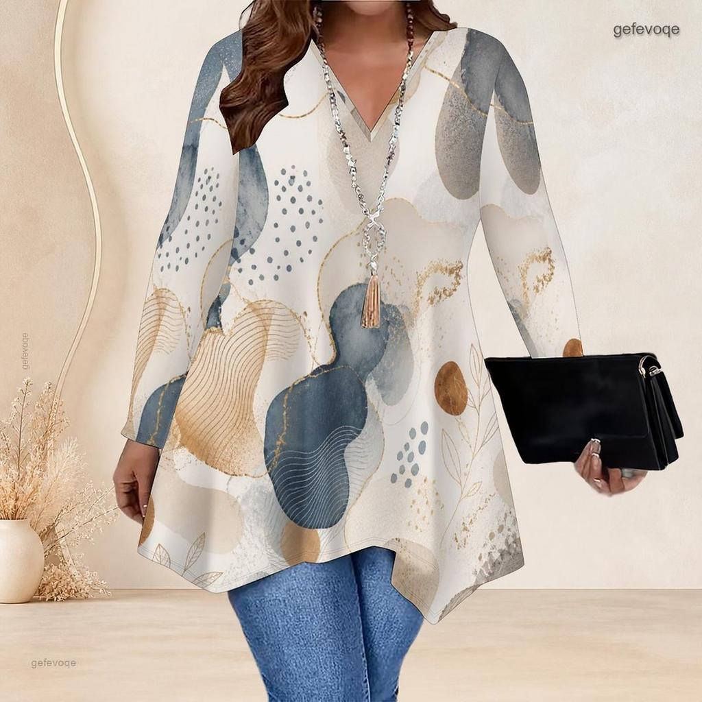 Women Plus Size V Neck Long Sleeve Abstract Leaf Print Irregular Hem Tunic Top
