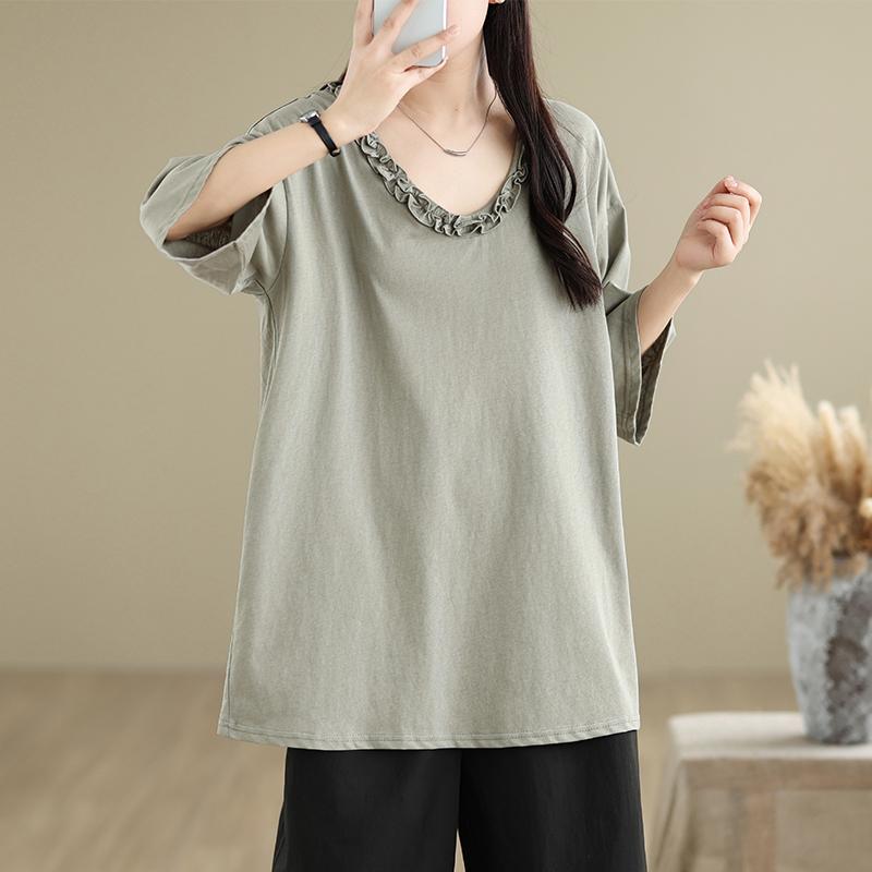 

Dimanaf 2025 Лето Женская Футболка Плюс Размер Базовая Винтажная Мода Повседневная Свободная Однотонная Футболка С V-образным Вырезом Футболки Оверсайз One Size зелёный
