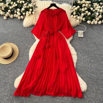Frühling Herbst Damenkleid Neu Blume Rund Ne Siebenviertelärmel Taillenbetonend Plissierte Kleider für Frauen Schlank machendes Abendkleid