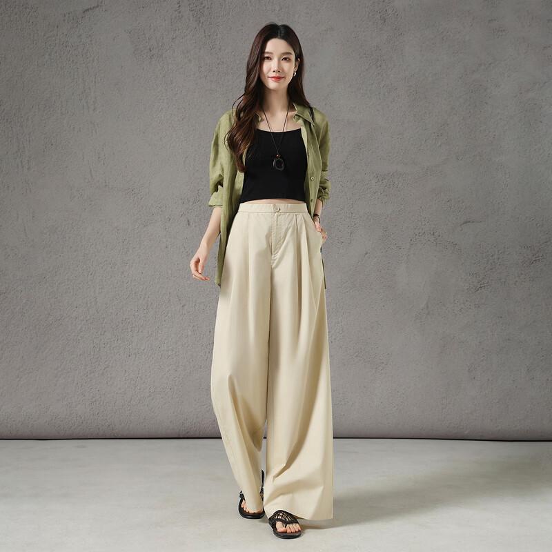 Demana Women's 100% Cotton Pleated Wide-Leg Casual Pants