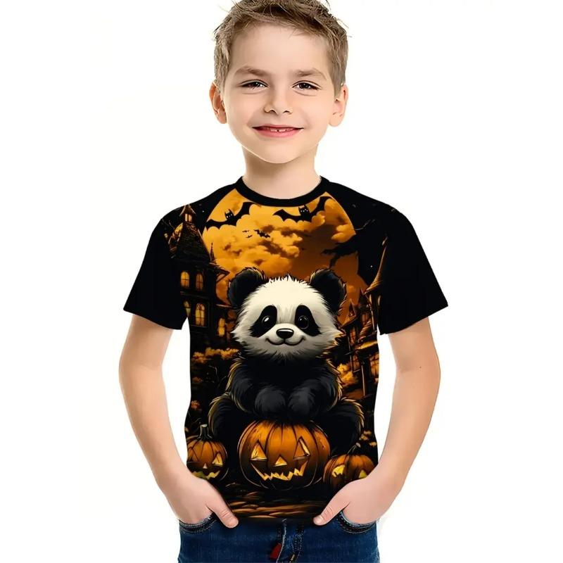 Round Neck 3D Pumpkin Animal Printed T-shirts Short Sleeved Children's Boy T-shirts - Soft Medium Stretch Polyester Fabric Summer Relaxed Fit Clothing