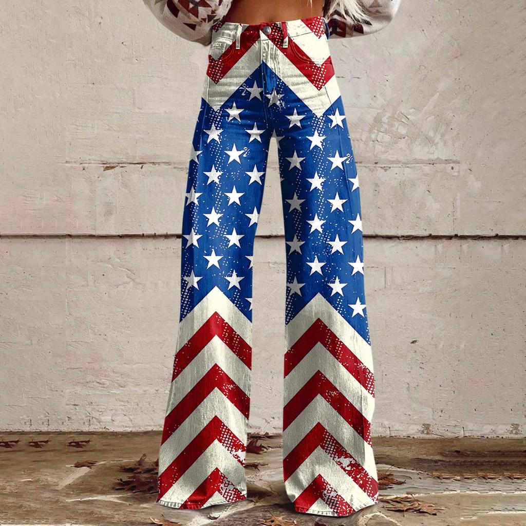 Wide Leg Flare Jeans For Women With Pockets Baggy Pants Vintage Floral Print High Waisted Loose Pant