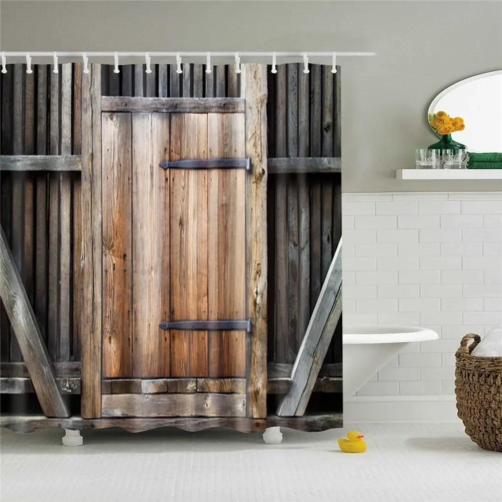 3D Old Vintage Wood Doors Shower Curtain Home Decor Polyester Fabric Bath Curtains Stripes Letters Bathroom Curtains