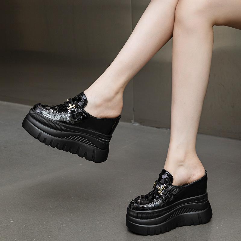 

12 см сумка голова тапочки женские 2025 лето новые сетка пайетки без каблука полутапочки круглый носок супер высокий каблук женская обувь 39 чёрный