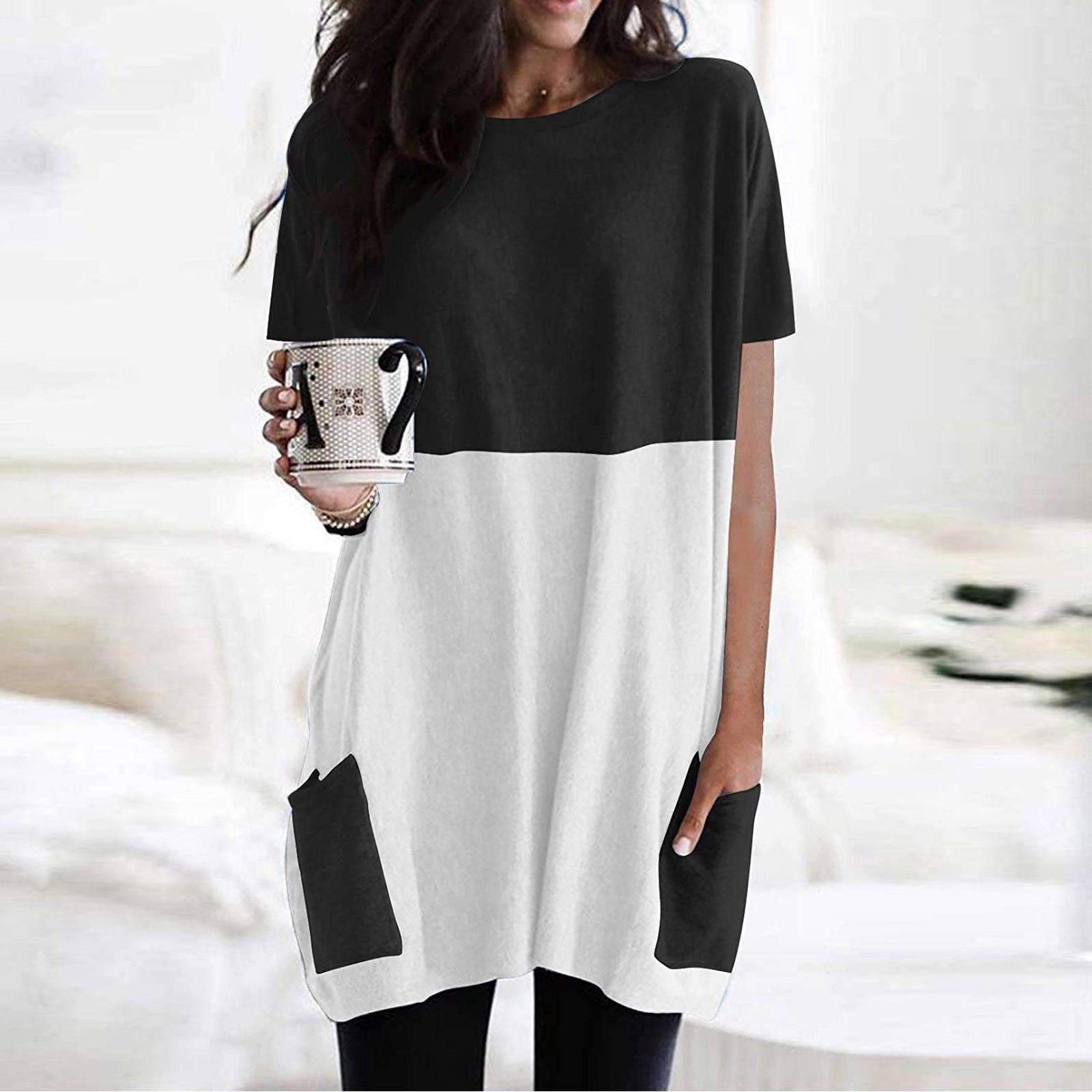 

Модний жіночий топ з круглим вирізом, короткими рукавами, кишенями, поєднаний з однотонних кольорів XXXXXL чорний