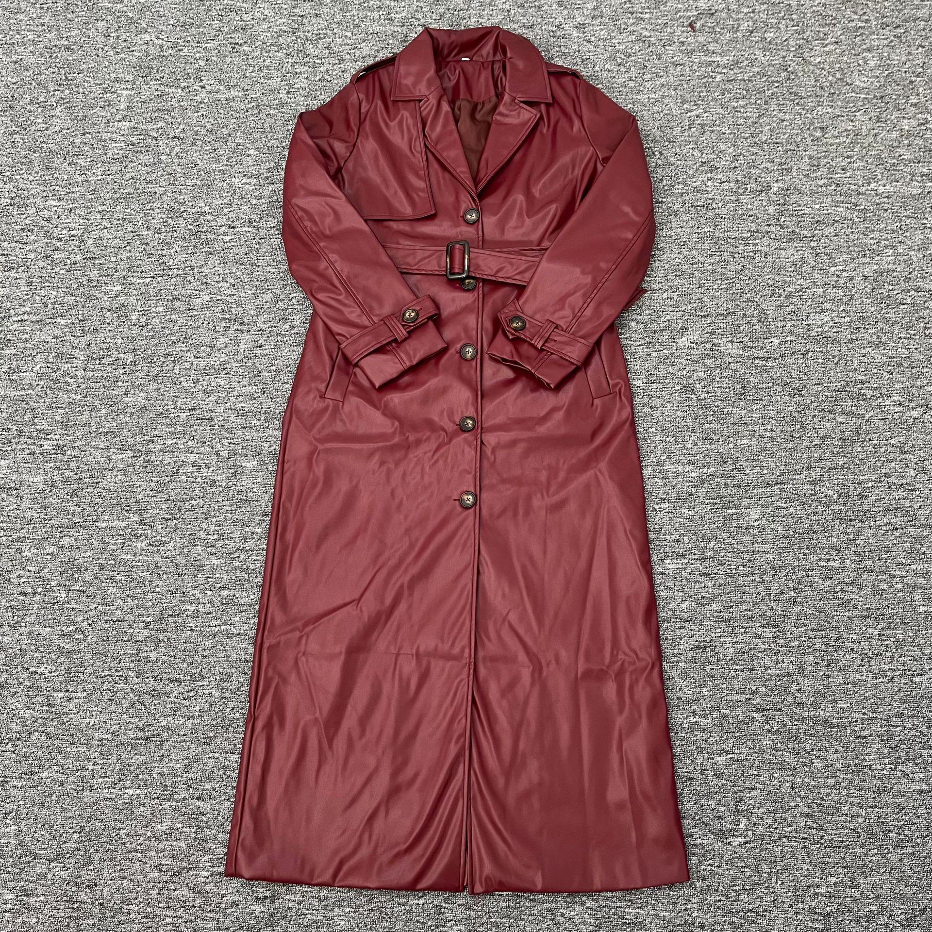

2024 Slim Fit Women s Faux Leather Trench Coat with Belt - Autumn/Winter Collection S вино красного
