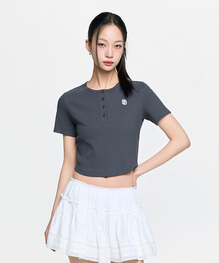 Emelbi Women'S Vintage Slim Ribbed Henley Neck Short Sleeve T-Shirt Sd (D.Charcoal Grey)