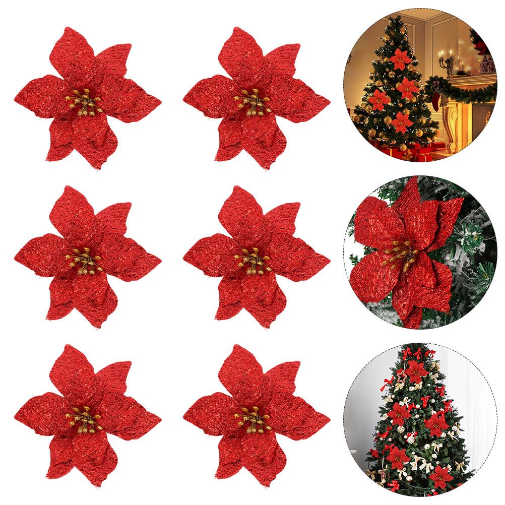 6pcs Christmas Tree Flower Decor Small Simulated Plastic Flowers Diy Glittering Holiday Wedding Decoration Artificial Garland