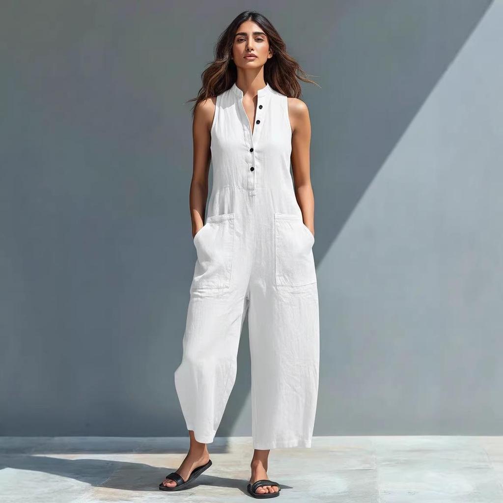 In-Stock Women's European & American Style Sleeveless Stand Collar Button Jumpsuit - Vacation Ready