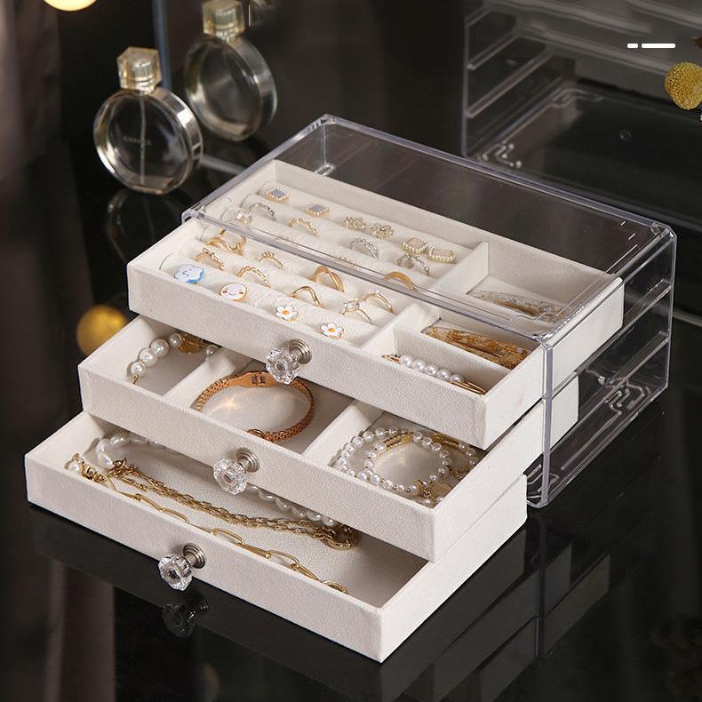 Velvet jewelry box three-tier drawer jewelry storage box transparent jewelry storage box acrylic jewelry box