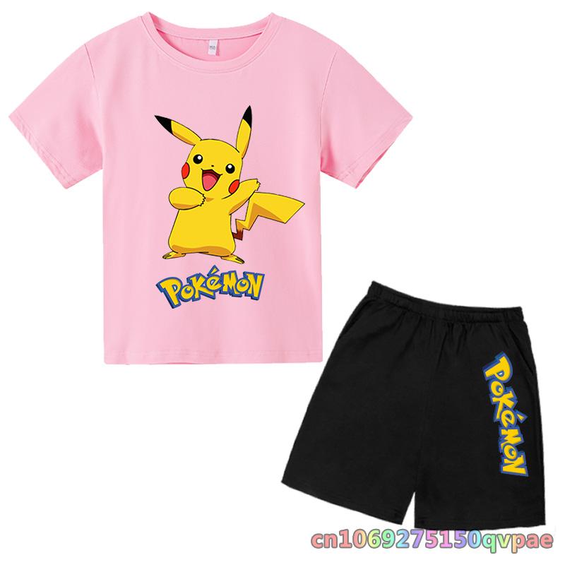 Children's Clothes Cartoon Summer Kids Animal Pokemon T-shirt Set Boys' Clothing  Leisure Cotton Pikachu Print Short Sleeve