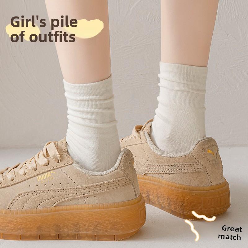 White Maternity Pile-up Socks, Retro Plain Color, Sweat-absorbing Mid-calf Socks, Cotton Winter and Autumn Sports Socks