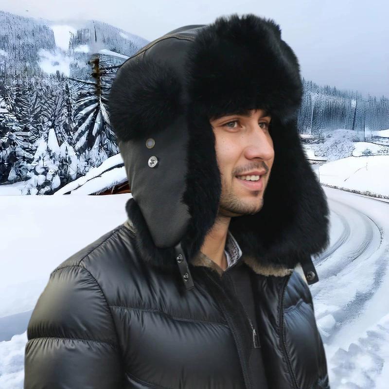 WTEMPO Herren Rindsleder Kaninchenfell Outdoor Weicher Ohrenschutz Druckknopfhüte Wandern Skifahren Herbst Winter Winddicht Kältesicher Warme Plüsch Fliegerhüte