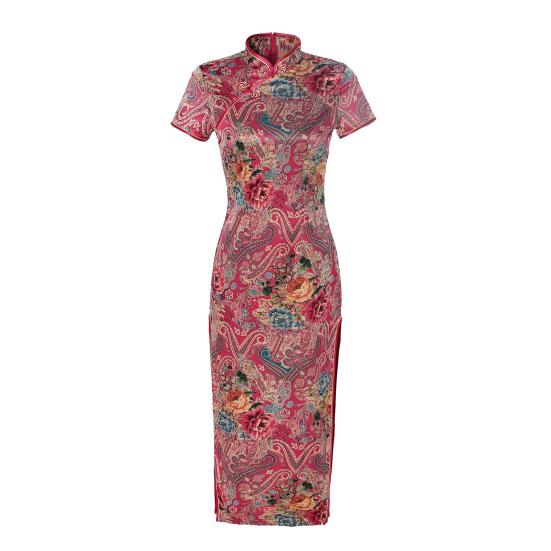 Lady Petticoats Plus Size Women Cheongsam Floral Print Slim Short Sleeve Splits Midi Dress for Party