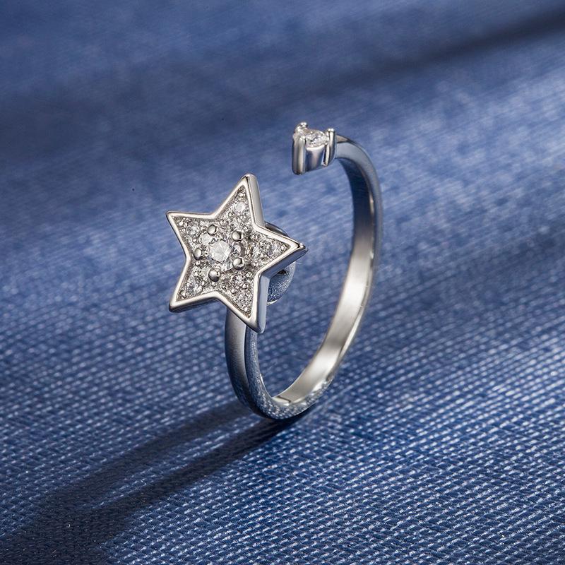 Rotating Ring for Women New Electroplated Copper Ring Couple Star Shape Adjustable Zircon Open Ring White gold color