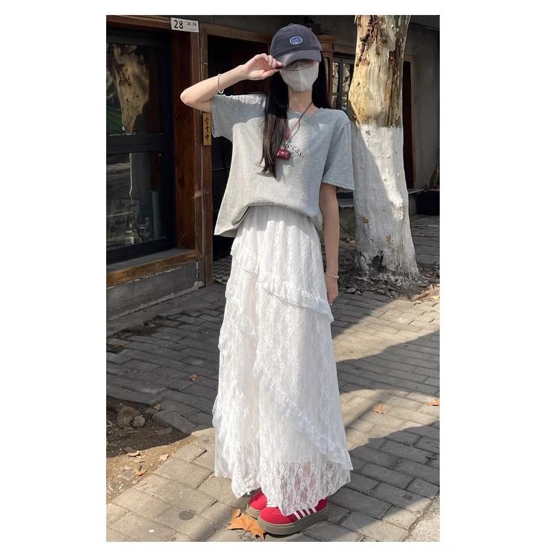 Retro Splicing Lace White Skirt Women's Spring New Fluffy Cake Skirt Mesh Yarn Thin A-word Long Skirt