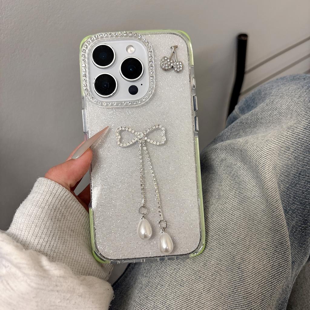 For iPhone 16 Pro Max Case Rhinestone Decor Glitter TPU Phone Cover with Bow Tassel