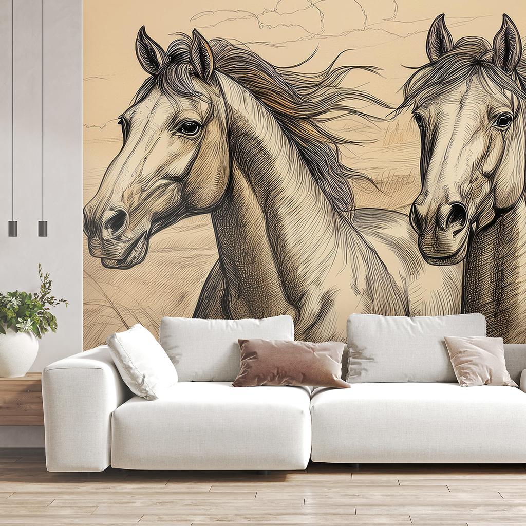 Wallpaper Horses Vintage Beige