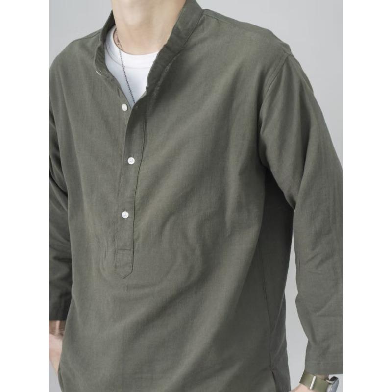 New Solid Color Collarless Long-sleeved Tops for Men Cotton and Linen Comfortable Casual Loose Lining