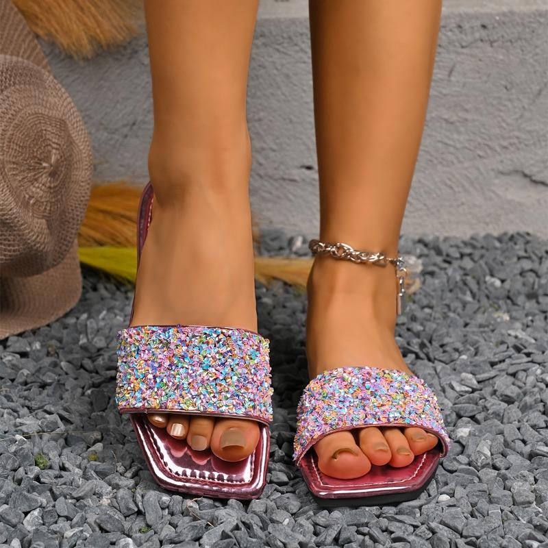 Multicolor Slippers Summer New Square Toe Open Toe Sequin Soft Sole Anti-slip Wear-resistant Flats