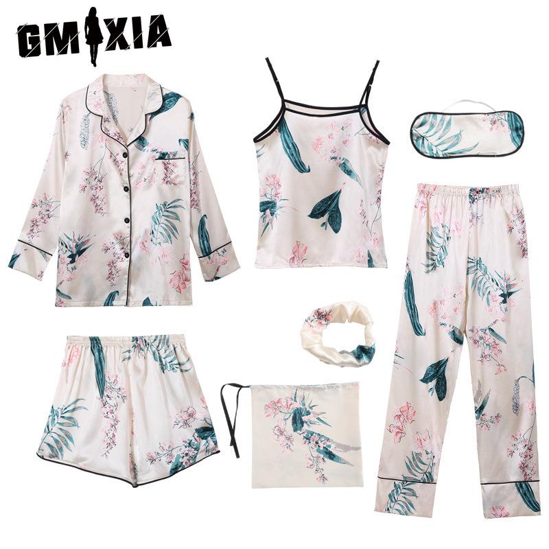 

GMXIA Maple Leaf Seven-piece Imitation Silk Pajamas Women s Long-sleeved Spring and Autumn Sweet Women s Home Wear Set Pajama Sets M