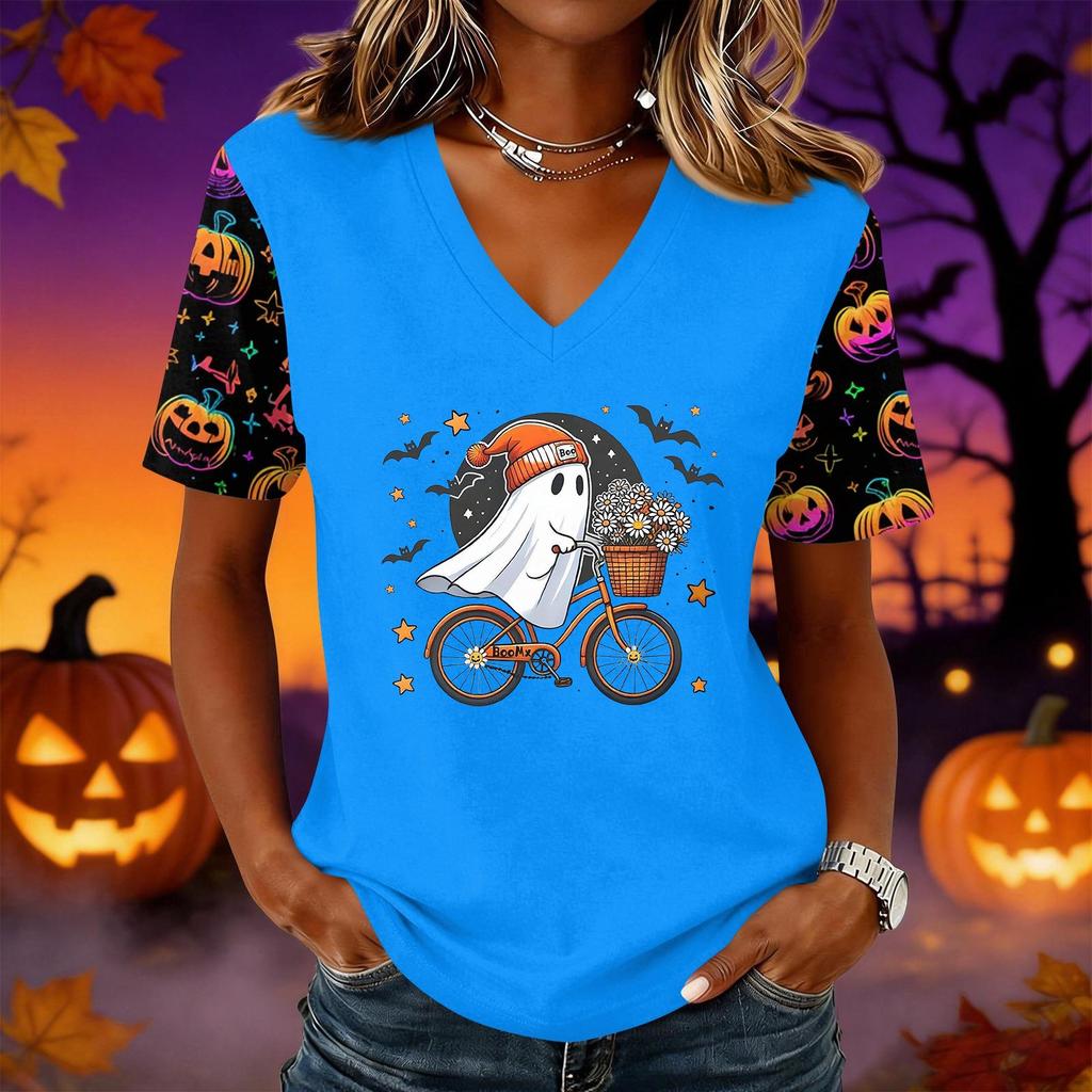 Women's Short Sleeve V-Neck Pullover Top with Halloween Print for Casual Everyday Wear