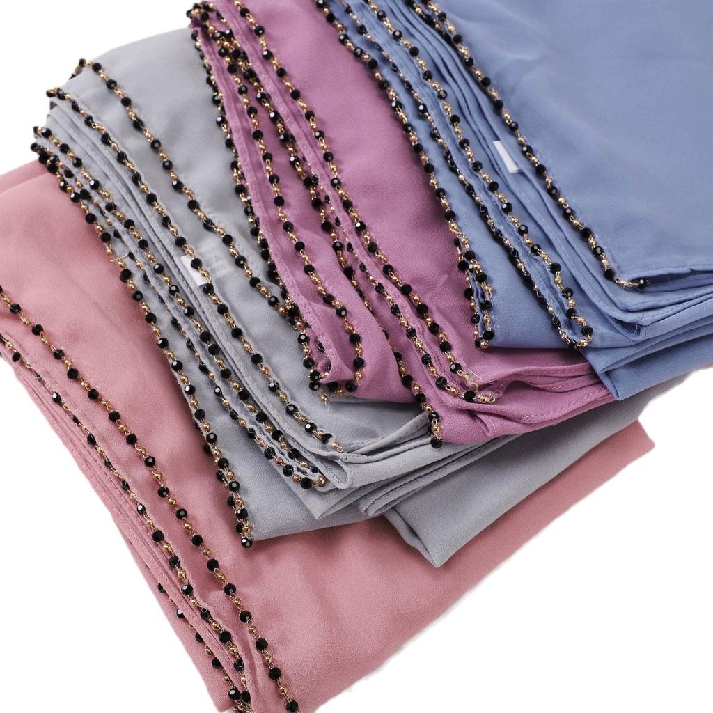 New Pearl Chiffon Hijab Scarf Copper Chain With Black Crystal Pearls Women Muslim Fashion Hijabs For Women Ramadan Turban Femme