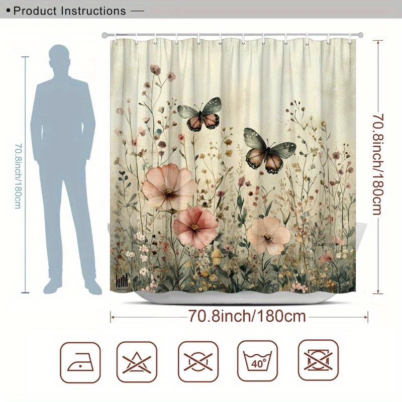 1pc Floral Butterfly Shower Curtain - Pink & Peach Flowers on Beige, Washable Polyester, Nature-Inspired Bathroom Decor