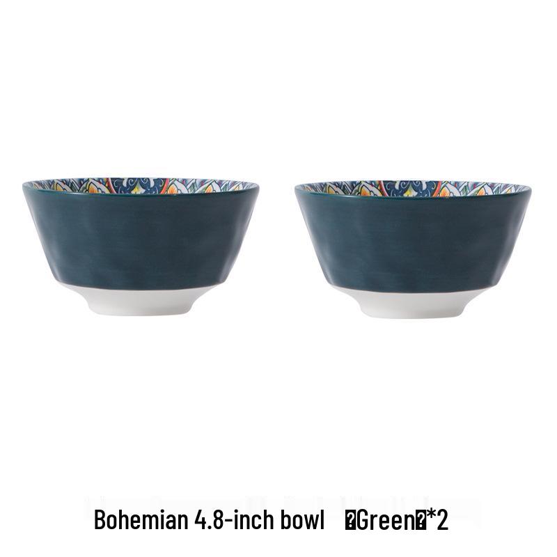 Bohemian Ceramic Rice Bowl Set - High-Temp Resistant, Colorful Underglaze Design