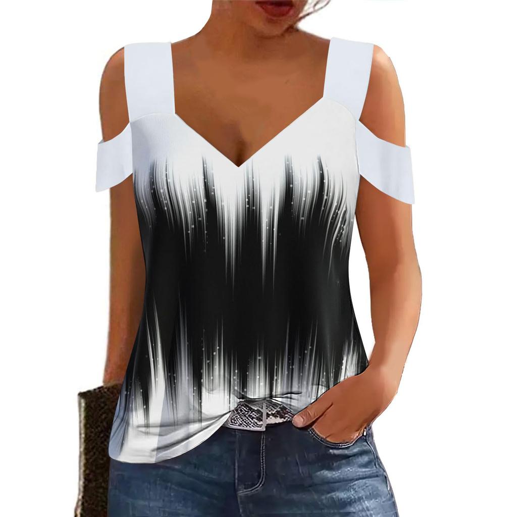 Letnia bluzka damska Bluzka z krótkim rękawem, odkrytymi ramionami, dekoltem w serek, luźna, podstawowa koszulka, swobodny top, koszula