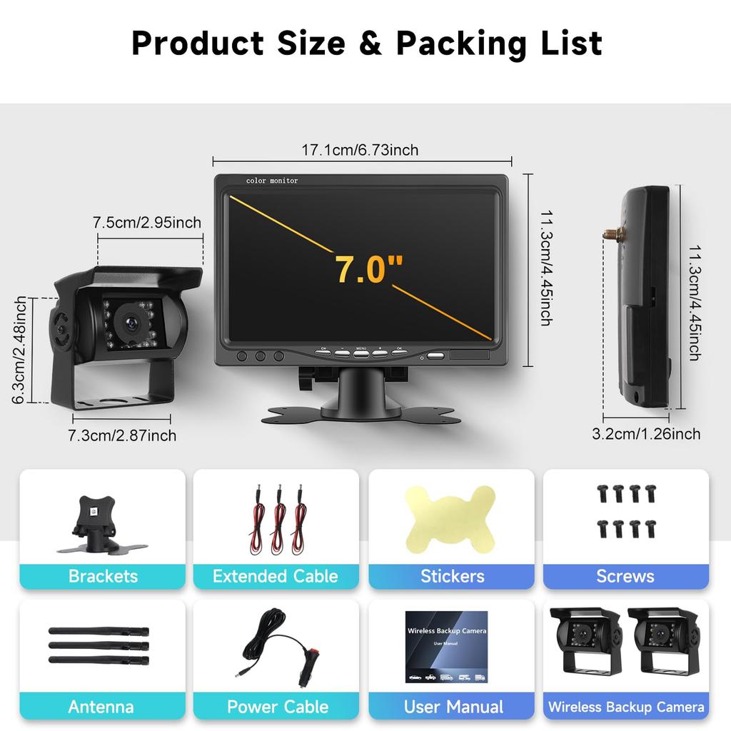 Diese kabellose Rückfahrkamera verfügt über zwei IP68 wasserdichte Nächte und ist geeignet für und Sie arbeitet mit 12V bis 7-Zoll-Monitoren, Schutzart, ultrahell