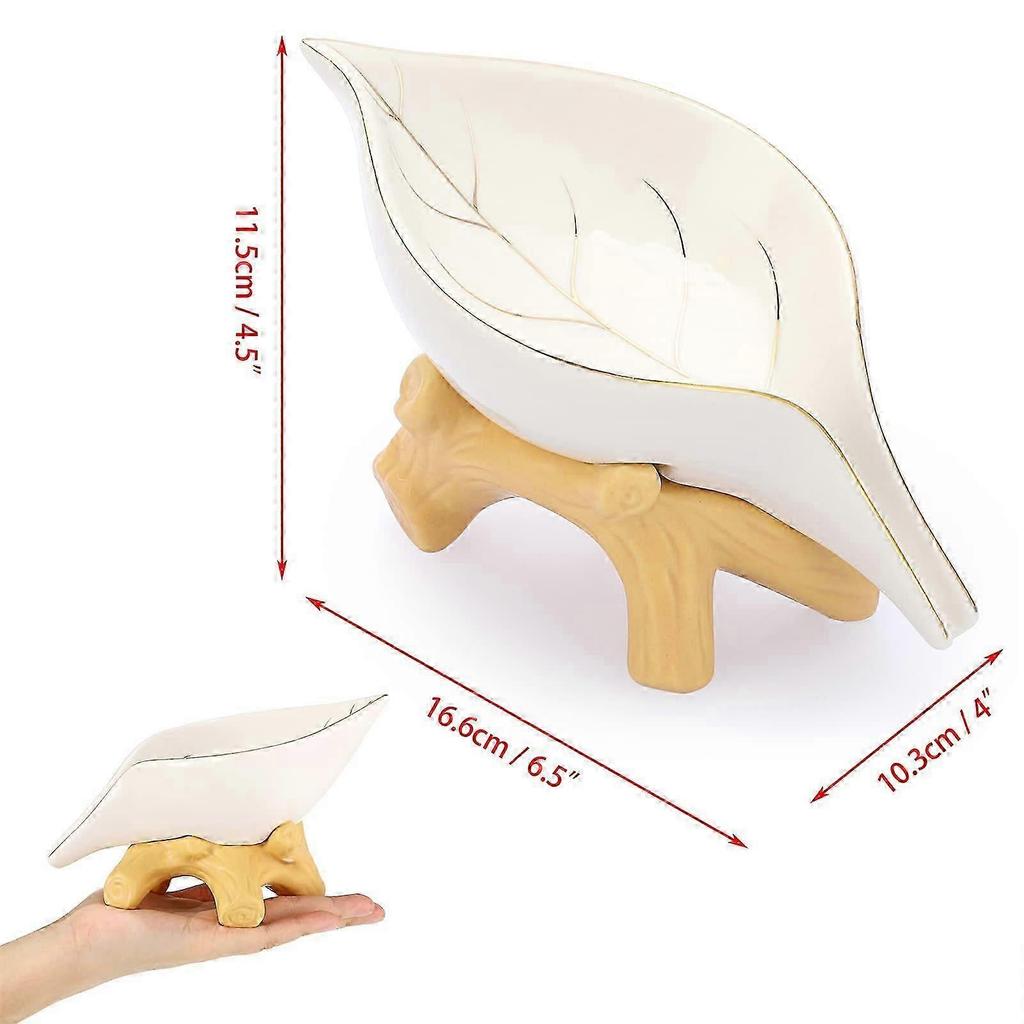 Ceramic Soap Dish Leaf Shaped Soap Dish Accessory for Bathroom, Shower, Kitchen, Wedding Gift (White+Gold)