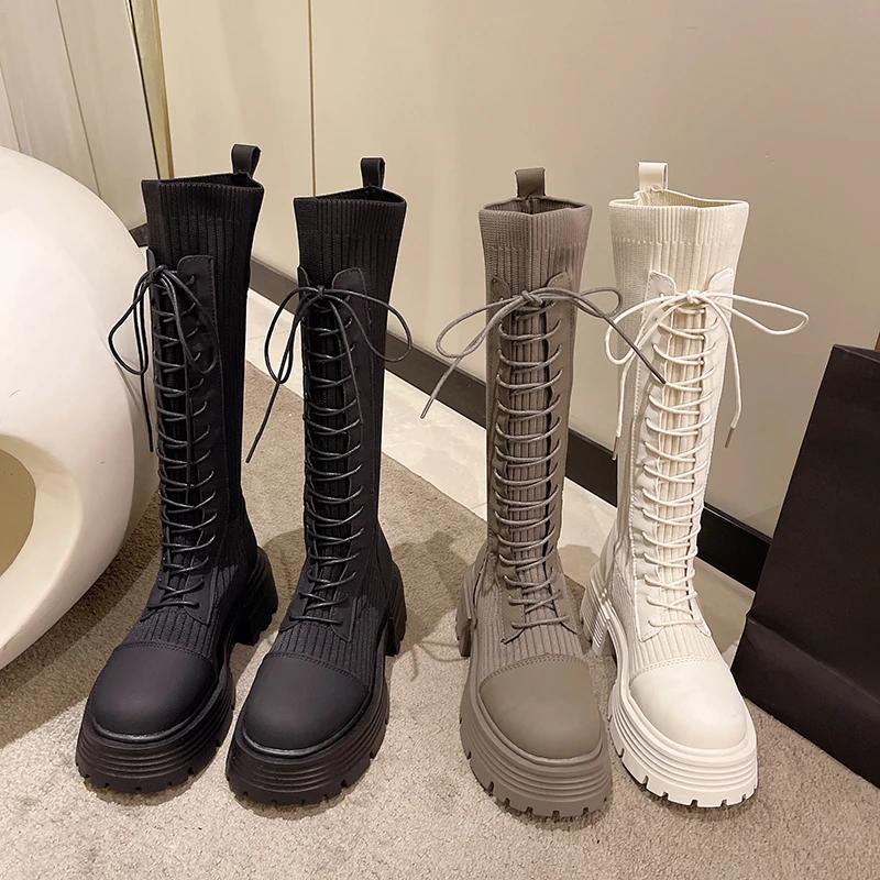Chunky Platform Knitted Long Boots Women  Autumn Thick Bottom Warm Sock Shoes Woman Lace Up Knee High