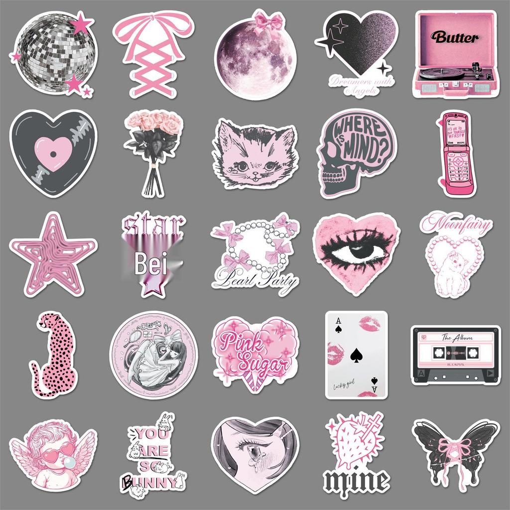 50 Sweet Pink Korean Style Waterproof Stickers for Helmets, Journals & Luggage