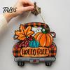 Rustic Pumpkin Welcome Sign Hello Fall Wooden Hanging Sign, Retro Plaid Pickup Truck Ornaments, Wall Pendant Front Door Decor with And Maple Leaf for