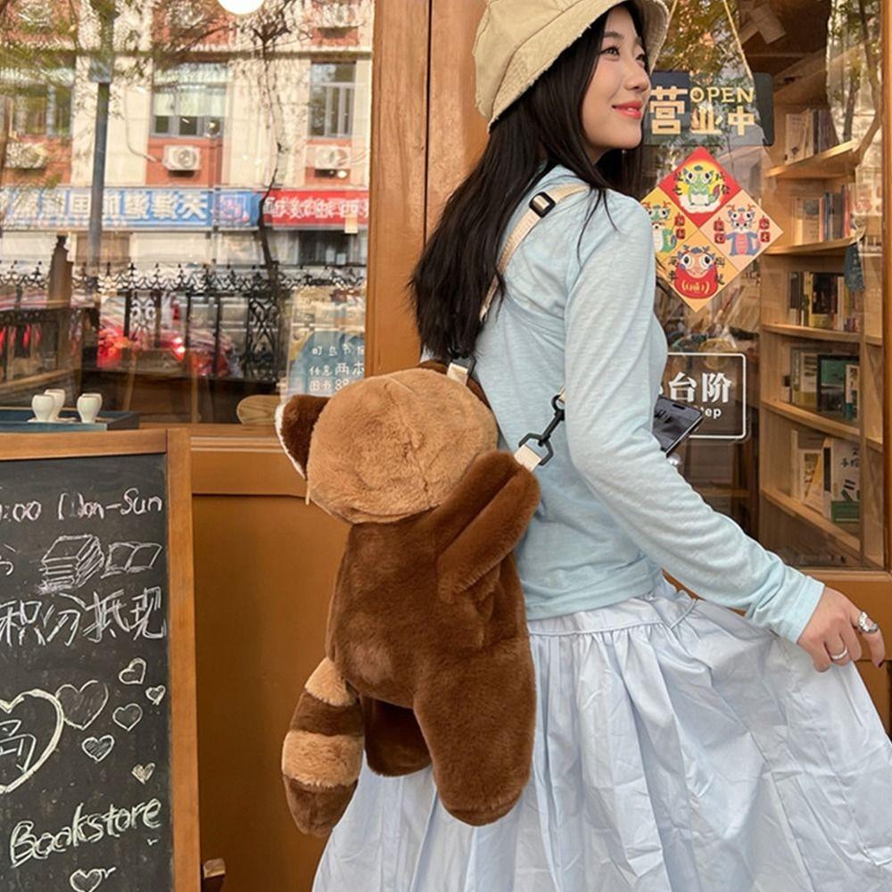 Plush Toy Raccoon Doll Crossbody Bag Doll Animal Shoulder Bag Soft Children School Bag Outdoor