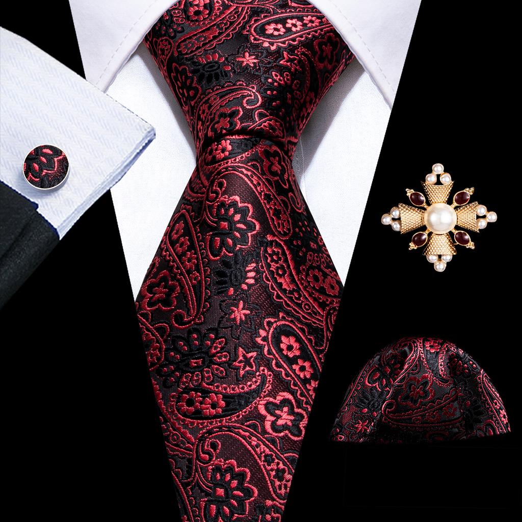 Barry.Wang Pearl sagė su kaklaraiščiu vyrams Paisley gėlių šilko kaklaraištis Hanky rankogalių sąsagų rinkinys