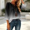 Women's V-Neck Loose Fit Three-Quarter Sleeve Gradient Print T-Shirt Top for Casual Everyday Wear