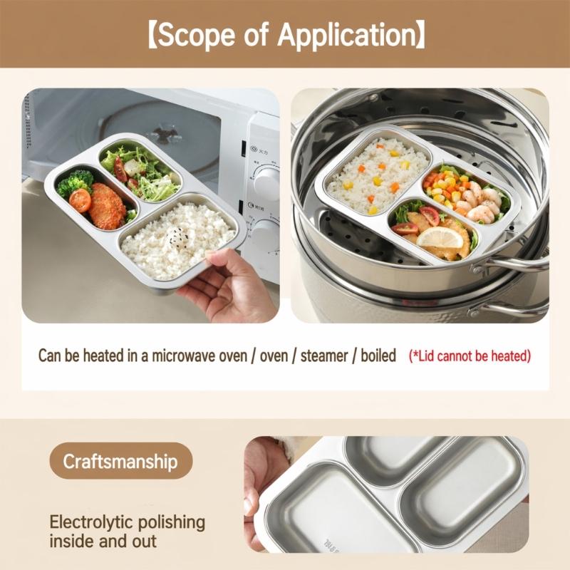 Clear Lid Lunch Box with 316L Steel Tray, 3 Section Food Container, 0.8 Liter Capacity for Daily Lunch Use by Adults