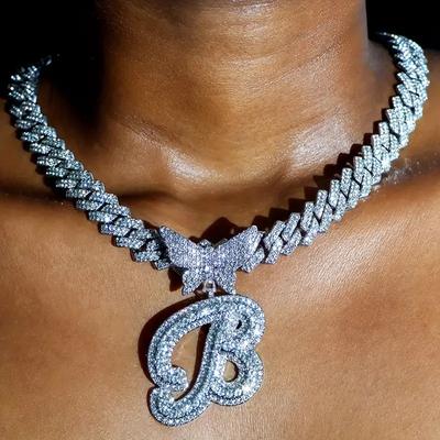 Vlindersluiting Volledig Diamant 26 Letters Cubaanse Ketting, Hip Hop Hanger Strass Hanger Ketting