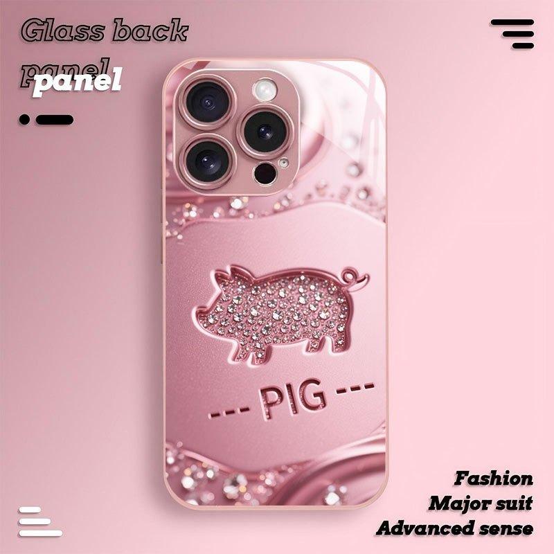 Lucky Pink Pig Pattern Metallic Paint Glass Hard Phone Case For iPhone 17 16 15 Pro Max 14 13 12 11 15 Plus 17 Air 16E Cover