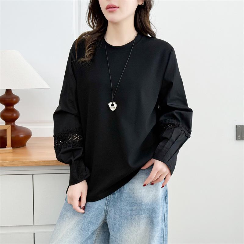 Plus Size Women's Pleated Lace Long Sleeve Patchwork T-shirt - Spring 2026 Versatile Top Hoodie