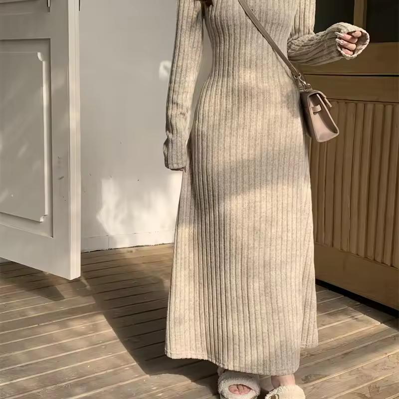 French Style Long Sleeve Knitted Dress Vintage Waist Cinching A- Line Skirt Women Autumn Winter Slimming Inner Wear