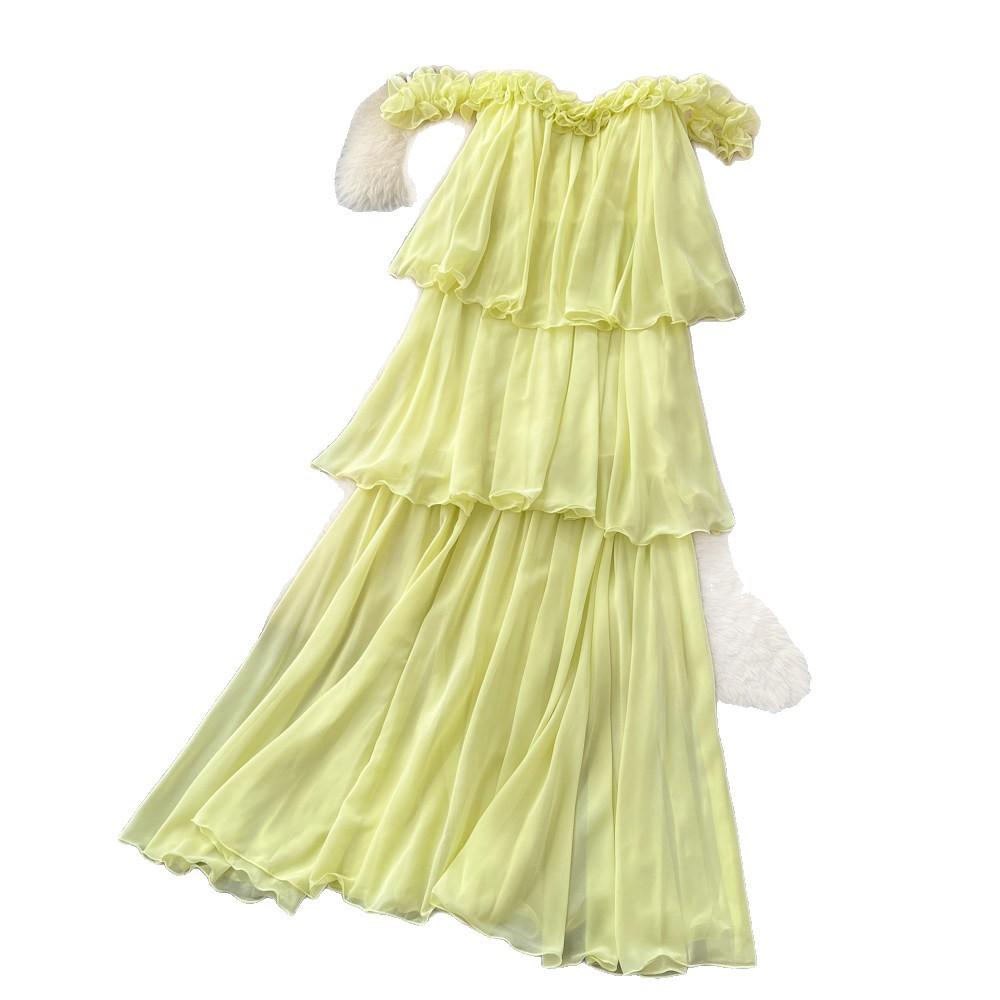 French neck sleeveless ruffle edge dress women's summer high waist cake skirt holiday style temperament long dress