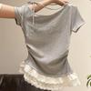 Lace-Trimmed Printed Letter Short Sleeve Slim Fit Summer Top