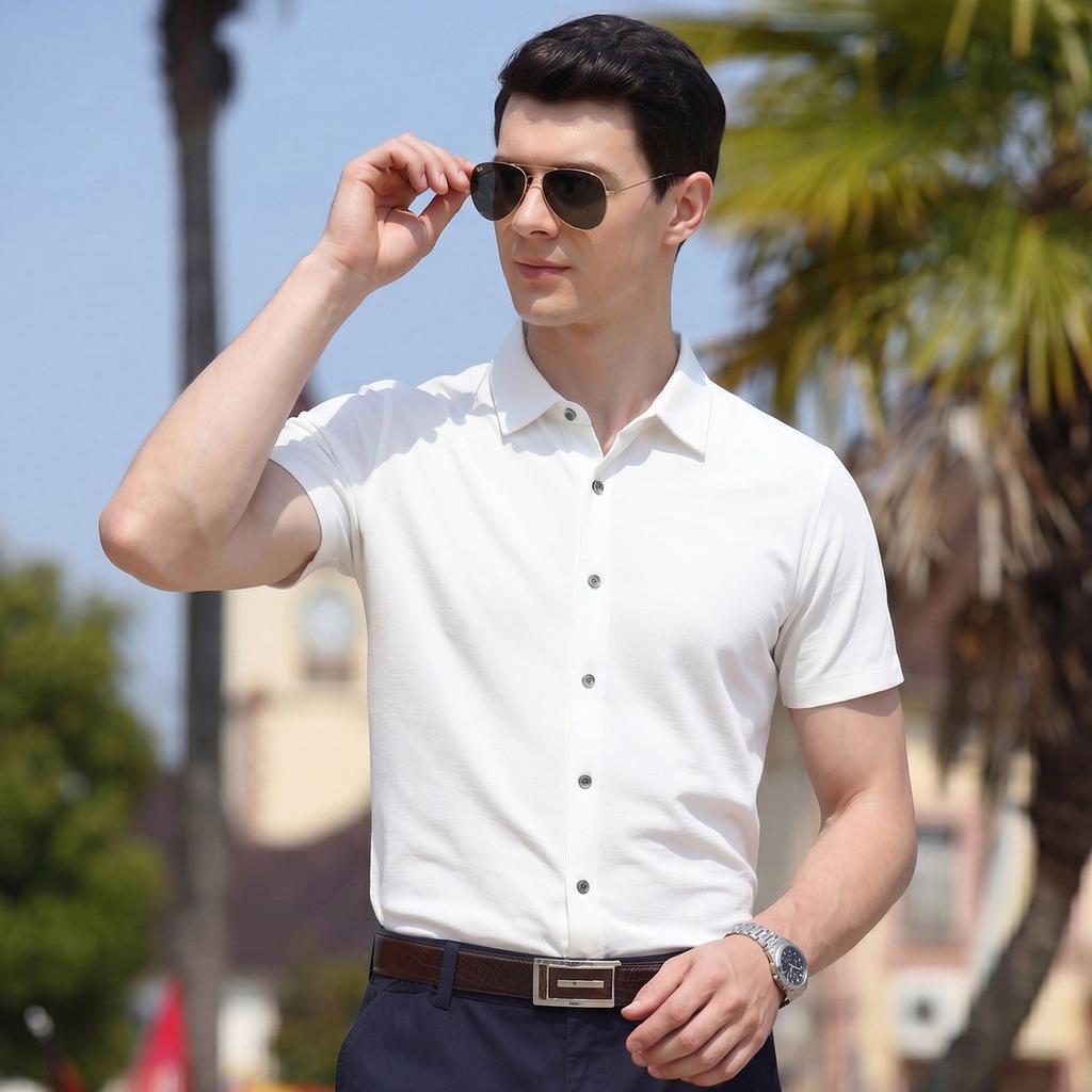 Breathable Modal Business and Leisure Summer Skin friendly Comfortable Cool Short sleeved Shirt Men's Solid Color Versatile Top