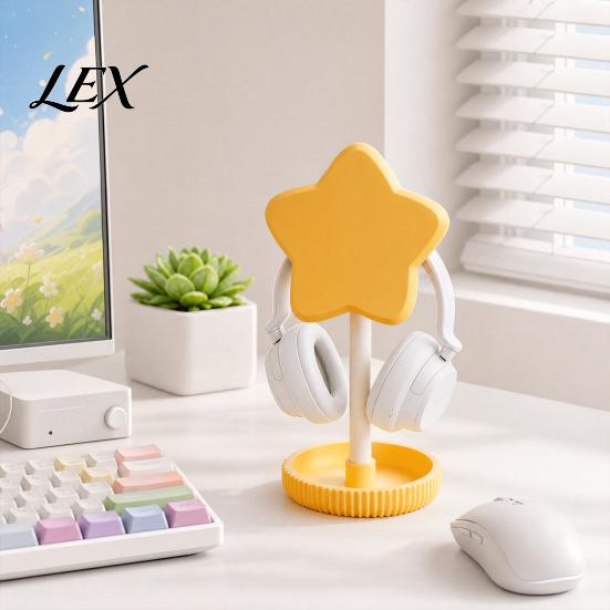Anti-tangle Headphone Holder Cute Star Stand with Storage Tray, 3D Printed PLA Headset Hanger & Desk Organizer for Small Items Organizer, Macaron