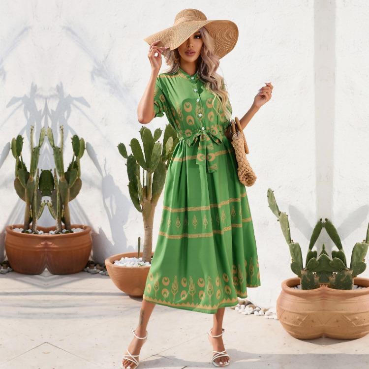 Women Summer High Waist A Line Dress Short Sleeve Ethnic Printed Lace Up